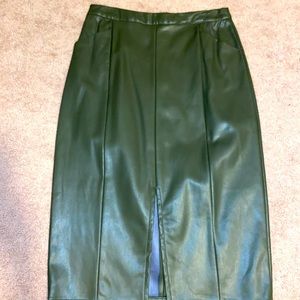 Olive green faux leather midi skirt